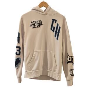 Rolling Loud Gold Hearts Hoodie Sweatshirt White Blue Mens Small Pockets Cotton